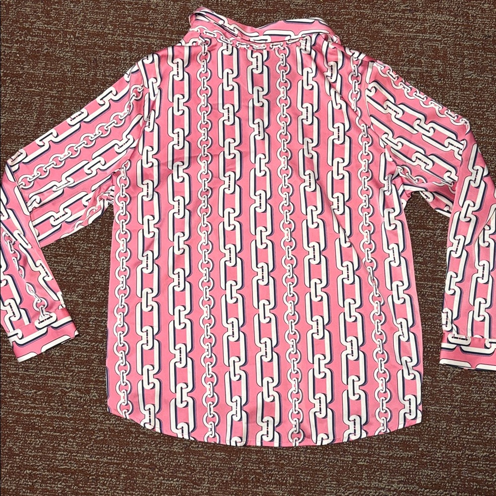 Maison d’ Amélie button down blouse pink Cuban chain link silky v veck - Picture 4 of 15